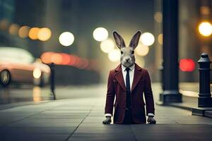 een konijn gekleed in een pak en stropdas zit Aan de stoep. ai-gegenereerd foto