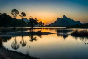 de zon stijgt over- een meer in Thailand. ai-gegenereerd foto