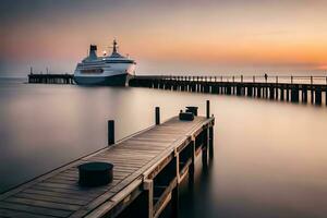 een reis schip aangemeerd Bij een pier Bij zonsondergang. ai-gegenereerd foto