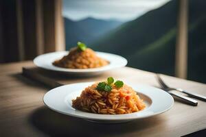 twee borden van pasta met groenten Aan een tafel. ai-gegenereerd foto