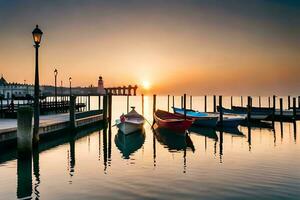 boten aangemeerd Bij de pier Bij zonsondergang. ai-gegenereerd foto