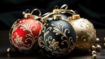 elegant ornamenten. goud, zilver, en rood ornamenten Aan een zwart achtergrond foto