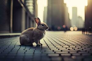 een konijn zittend Aan de grond in voorkant van een stad. ai-gegenereerd foto