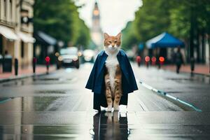 een kat in een jas staand Aan een nat straat. ai-gegenereerd foto