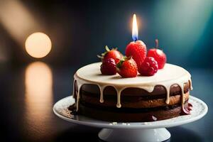 verjaardag taart met kaarsen en bessen Aan donker achtergrond. ai-gegenereerd foto