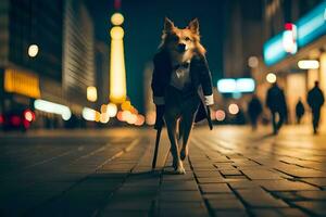 een hond in een pak wandelen naar beneden een straat Bij nacht. ai-gegenereerd foto