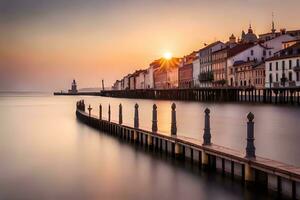 een pier met gebouwen en de zon instelling over- het. ai-gegenereerd foto