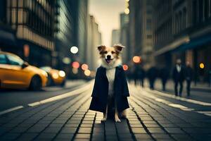 een hond in een jas staand Aan een stad straat. ai-gegenereerd foto