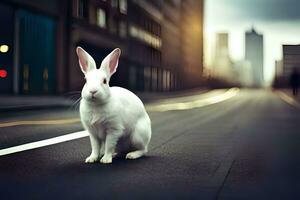 wit konijn Aan de straat. ai-gegenereerd foto