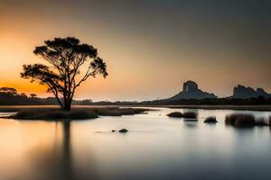 een eenzaam boom staat in de midden- van een rivier- Bij zonsondergang. ai-gegenereerd foto