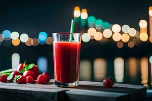 een glas van rood sap met aardbeien Aan een tafel. ai-gegenereerd foto