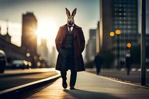 een konijn vervelend een pak en stropdas wandelen naar beneden een stad straat. ai-gegenereerd foto