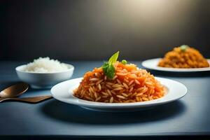 twee borden met rijst- en groenten Aan een donker tafel. ai-gegenereerd foto