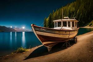 een boot zit Aan de kust van een meer Bij nacht. ai-gegenereerd foto