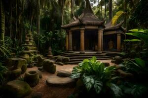 een klein tempel in de midden- van een oerwoud. ai-gegenereerd foto