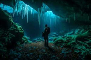 een Mens staand in voorkant van een grot met ijs formaties. ai-gegenereerd foto