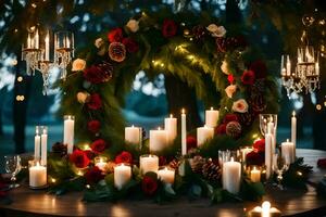 een krans van kaarsen en bloemen is reeks omhoog in voorkant van een tafel. ai-gegenereerd foto