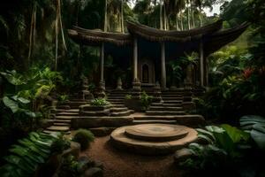 een pagode in de oerwoud met planten en bomen. ai-gegenereerd foto