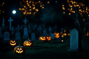 halloween pompoenen in een begraafplaats Bij nacht. ai-gegenereerd foto