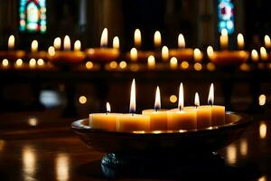 kaarsen in een kerk met kaarsen lit in de achtergrond. ai-gegenereerd foto