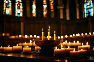 kaarsen zijn lit in een kerk met gebrandschilderd glas ramen. ai-gegenereerd foto