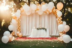 een bruiloft ceremonie met goud en wit ballonnen. ai-gegenereerd foto