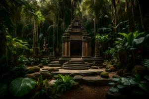 een tempel in de oerwoud met bomen en planten. ai-gegenereerd foto