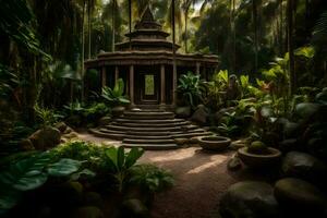 een klein pagode omringd door tropisch planten. ai-gegenereerd foto
