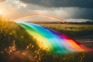 een regenboog is gezien in de lucht bovenstaand een veld. ai-gegenereerd foto