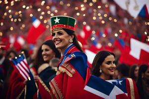 de Dames zijn gekleed in rood en blauw en Holding vlaggen. ai-gegenereerd foto