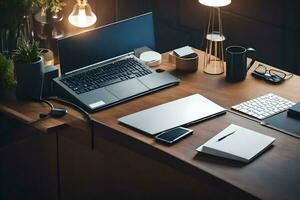 een bureau met een laptop, telefoon, en andere artikelen. ai-gegenereerd foto