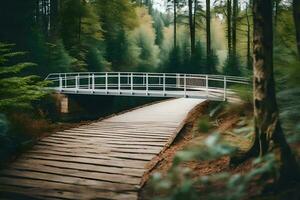 een brug in de bossen met bomen en een pad. ai-gegenereerd foto