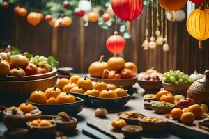 een tafel met fruit en groenten Aan het. ai-gegenereerd foto