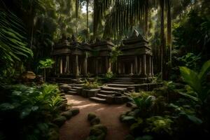 een tempel in de oerwoud met bomen en planten. ai-gegenereerd foto