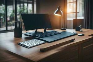 een bureau met een computer, toetsenbord en muis. ai-gegenereerd foto