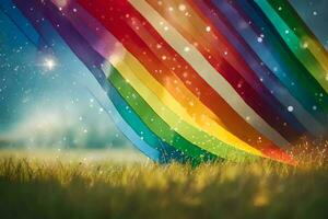 een regenboog gekleurde veld- met sterren en een regenboog. ai-gegenereerd foto