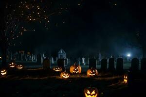halloween pompoenen in een begraafplaats Bij nacht. ai-gegenereerd foto