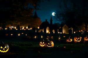 halloween pompoenen in een begraafplaats Bij nacht. ai-gegenereerd foto