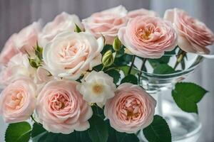roze rozen in een Doorzichtig vaas Aan een tafel. ai-gegenereerd foto