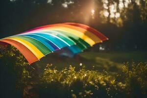 een regenboog paraplu in de zon. ai-gegenereerd foto