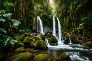 een waterval in de oerwoud met groen bomen en rotsen. ai-gegenereerd foto