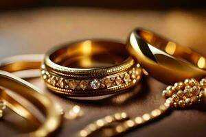 goud bruiloft ringen en goud sieraden. ai-gegenereerd foto