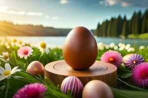 een Pasen ei is zittend Aan een houten staan in de gras. ai-gegenereerd foto