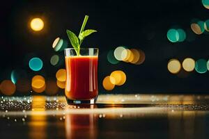 een glas van rood sap met een rietje Aan de tafel. ai-gegenereerd foto