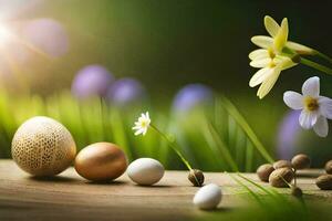 Pasen eieren, bloemen en een zonnebloem Aan een houten tafel. ai-gegenereerd foto