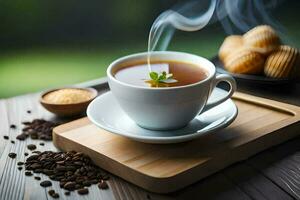 een kop van koffie met een kop van thee Aan een houten tafel. ai-gegenereerd foto