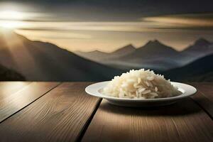 rijst- in een kom Aan een tafel in de bergen. ai-gegenereerd foto