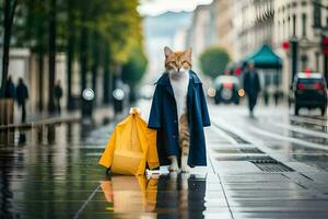 een kat in een jas en regen laarzen wandelen naar beneden een straat. ai-gegenereerd foto