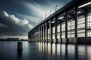 een lang blootstelling foto van een gebouw met water. ai-gegenereerd