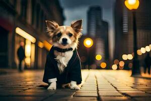 een hond in een pak en stropdas zittend Aan de stoep. ai-gegenereerd foto